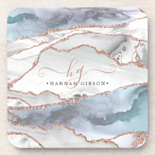 Marble Rose Gold Glitzer Aquamarines Script Monogr Getränkeuntersetzer