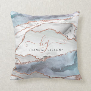 Marble Rose Gold Glitzer Aquamarines Script Monogr Kissen