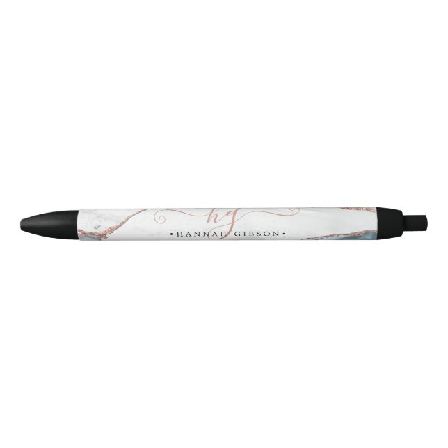 Marble Rose Gold Glitzer Aquamarines Script Monogr Kugelschreiber (Vorderseite)