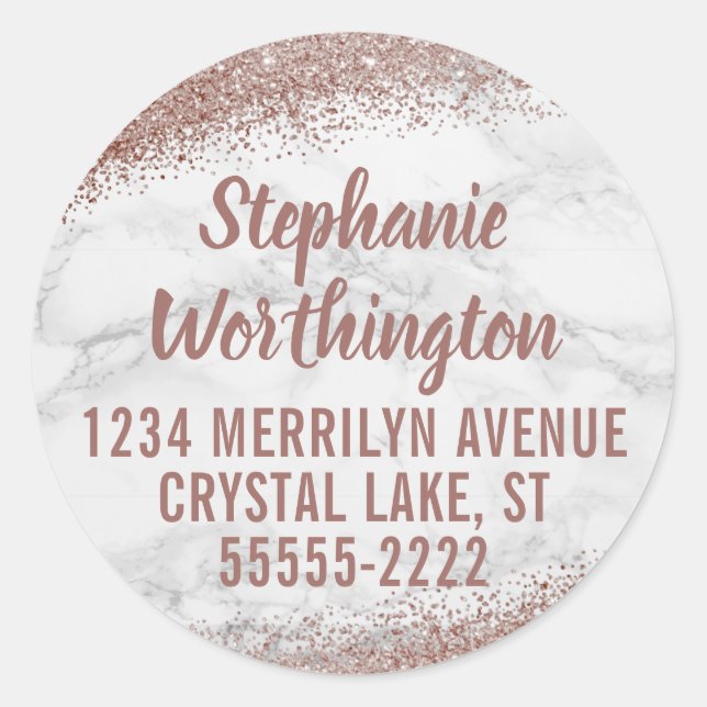 Marble & Rose Gold Glitzer Script Rücksendeadresse Runder Aufkleber (Vorderseite)