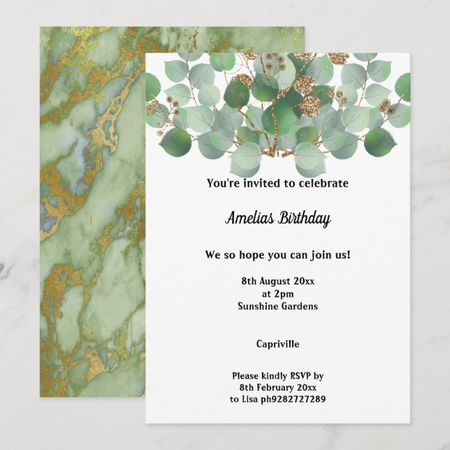 MARBLE SAGE EUCALYPTUS 2 GEBURTSTAG PARTY EINLADUN EINLADUNG (Vorne/Hinten)