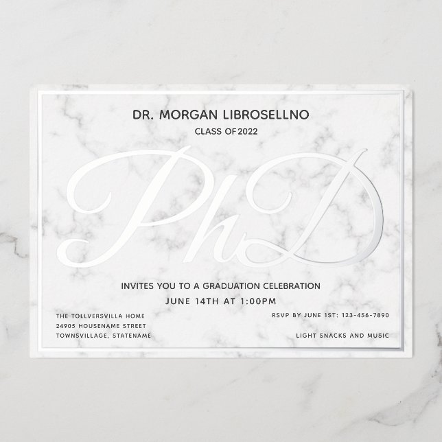 Marble Silver White PhD Abschluss Folieneinladung (Vorderseite)