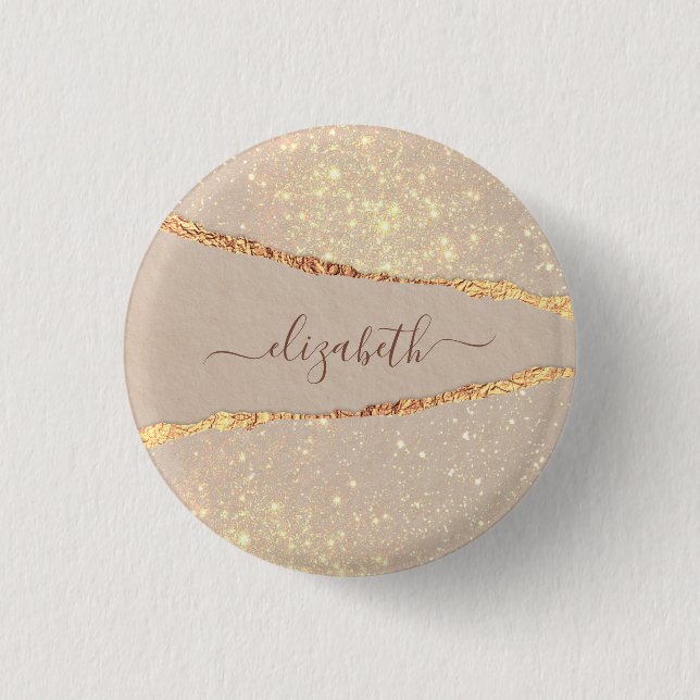 Marble-Stone-Agate Glitter rose gold Name Script Button (Vorderseite)