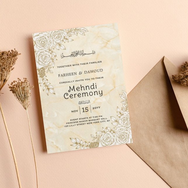 Marble Texture Floral Lace muslimische Mehndi Zere Einladung (Von Creator hochgeladen)