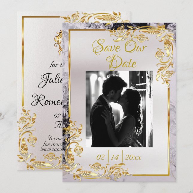 Marble & White, Gold Frame, Gold Heart Save The Date (Vorne/Hinten)