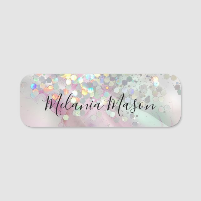 Marbled Alcohol Ink Holographic Glitzer Elegant Namensschild (Vorderseite)