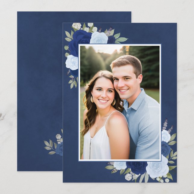 Marbled Blue Boho Rose Foto Underlay Wedding Einladung (Vorne/Hinten)