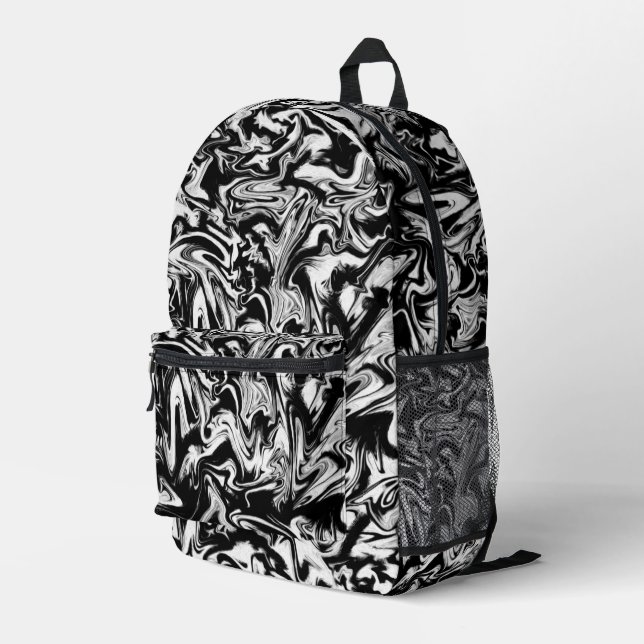 Marbleied Black and White Modern Abstrakt Artwork Bedruckter Rucksack (Rückseitige Ecke Rechts)