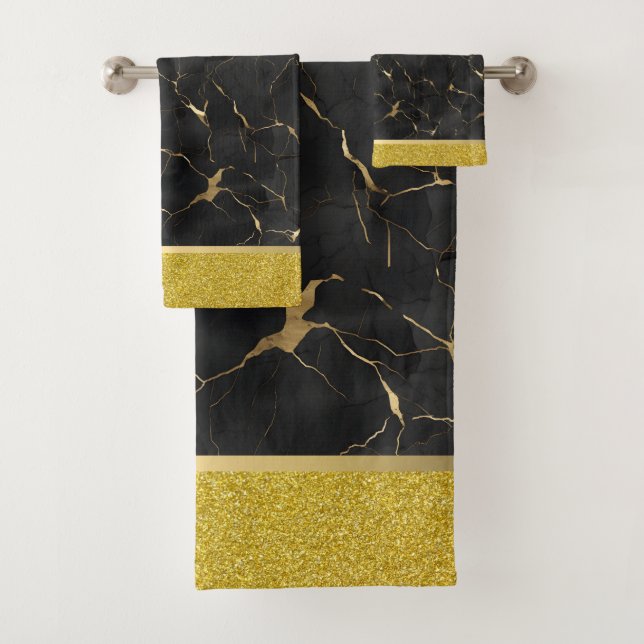 Marbleized Black & Gold Luxus Handtuch-Set Badhandtuch Set (Insitu)