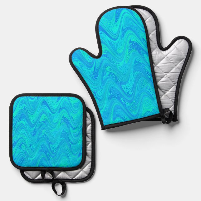 Marbling Blue Green Pattern Ofenhandschuh & Topflappen-Set (Vorderseite/Rückseite)