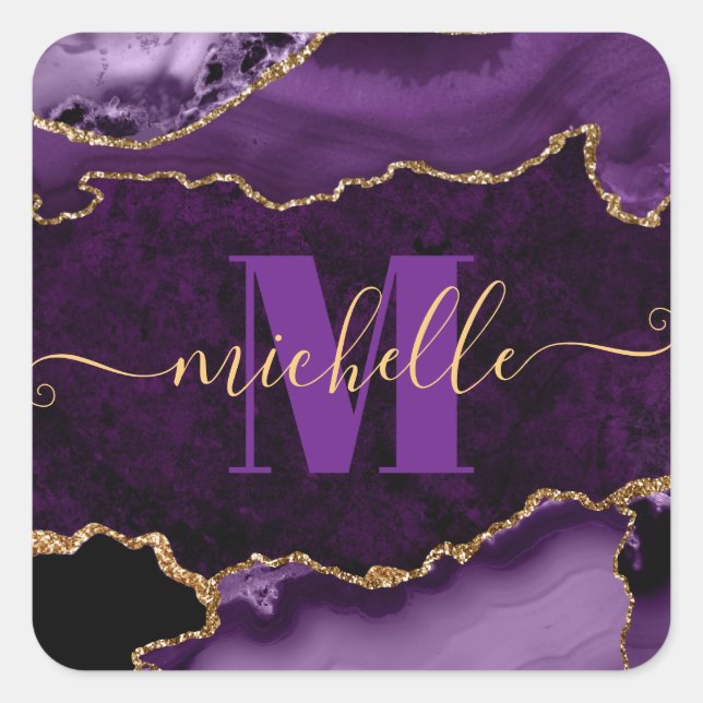 Marbour-Monogramm für lila- und Gold-Glitzer Quadratischer Aufkleber (Vorderseite)