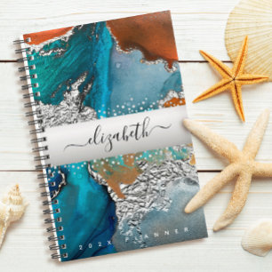 Marbre aquarelle argent turquoise orange script