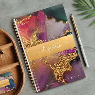 Marbre aquarelle or violet bleu vert script