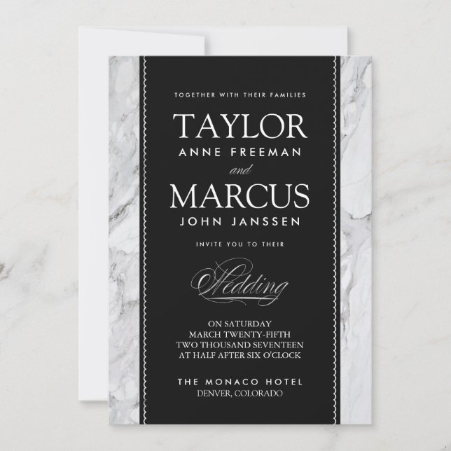 Marbre blanc Cravate noire Faire-part de mariage o (Devant)