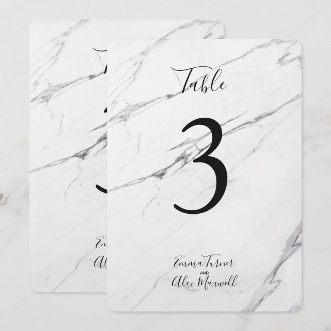 Marbre blanc moderne| Cartes de numéros de tableau (Devant / Derrière)