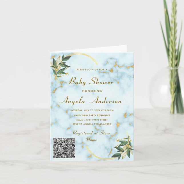 Marbre blanc QR Code bébé fille douche Invitation (Devant)