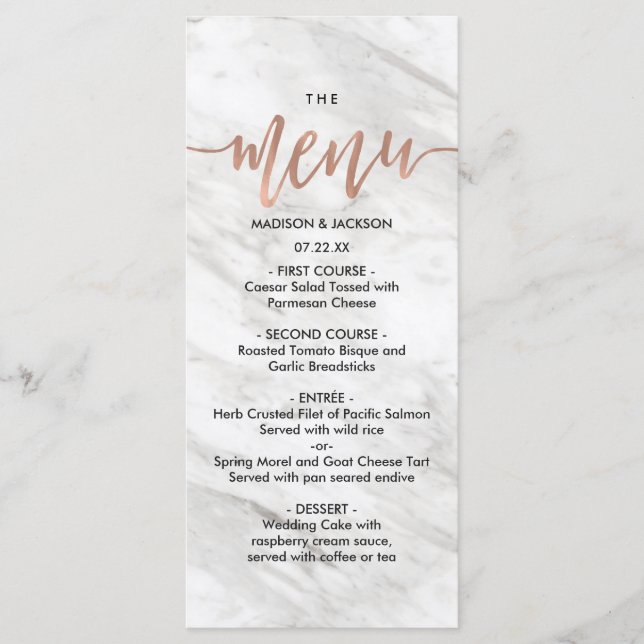 Marbre blanc & Rose Gold Elegant Wedding Menu (Devant)