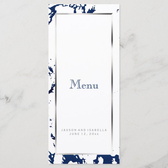 Marbre bleu marine, argent et blanc - menu personn (Devant)