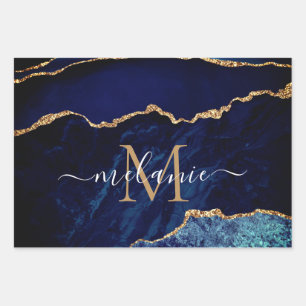 Marbre bleu marine Nom Lettre Feuilles papier enve