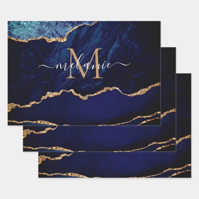 Marbre bleu marine or Nom personnalisé Papier d'en (Lot)