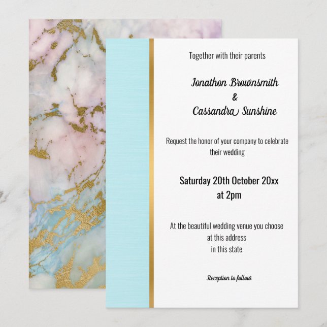 MARBRE CLASSIQUE PASTEL BLEU OR TRIM INVITATION (Devant / Derrière)
