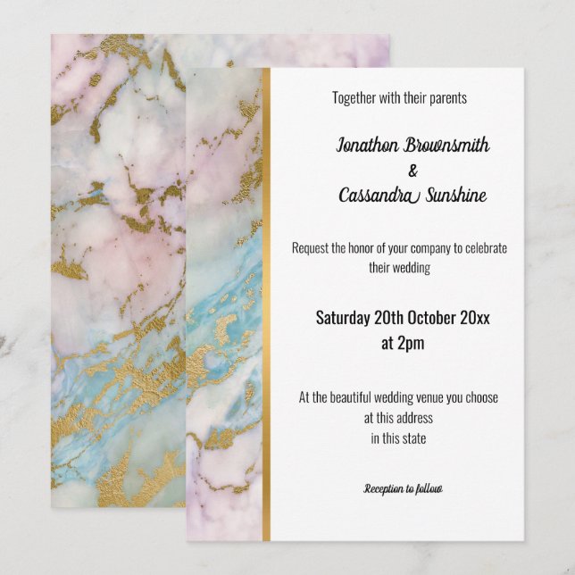 MARBRE CLASSIQUE PASTEL GOLD TRIM INVITATION (Devant / Derrière)