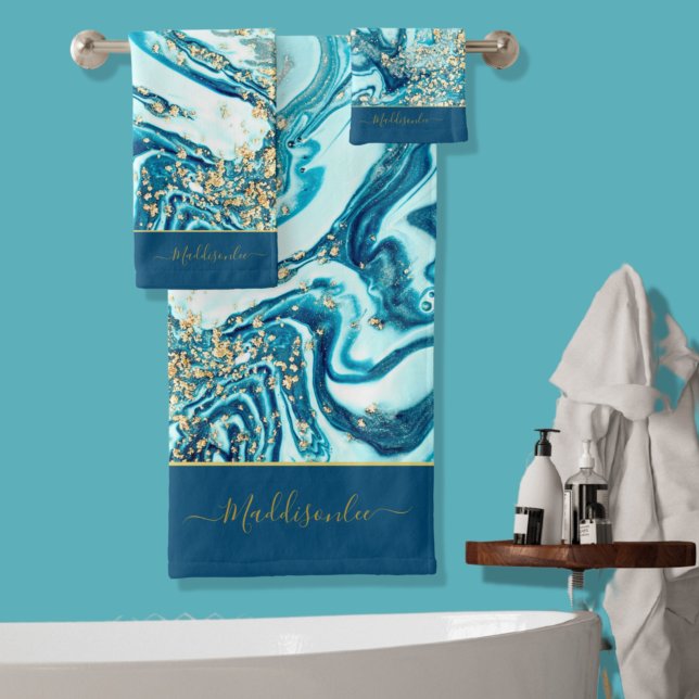 Marbre d'or bleu moderne Océan Monogramme Nom Bain (Créateur téléchargé)