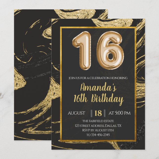 Marbre d'or foncé Invitation 16e anniversaire (Devant / Derrière)