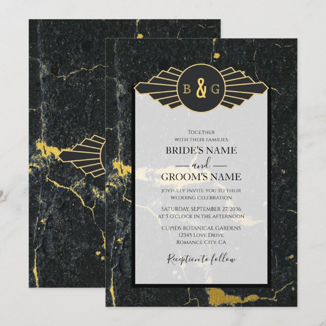 Marbre d'or noir Faire-part de mariage Art déco (Devant / Derrière)