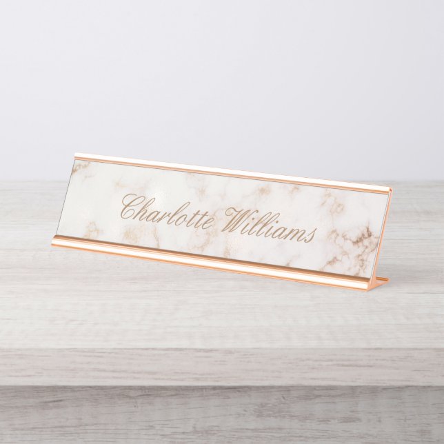 marbre d'or rose élégant script bureau plaque d'id (Devant)