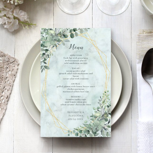 Marbre Eucalyptus Vert Élégant Menu Mariage (Créateur téléchargé)