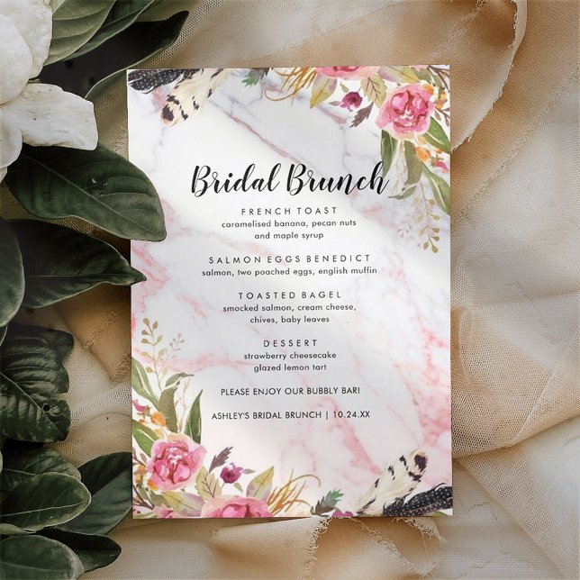 Marbre floral Blush Elegant Bridal Brunch Menu (Créateur téléchargé)
