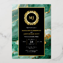 Marbre vert Gold Laurel Crest & Black Invitation