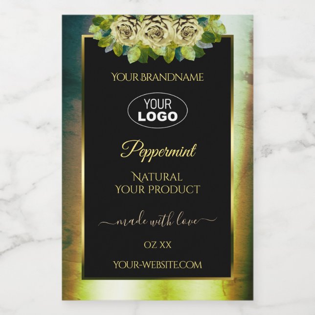 Marbre vert Turquoise Floral Noir Logo Étiquette (Étiquettes simples)