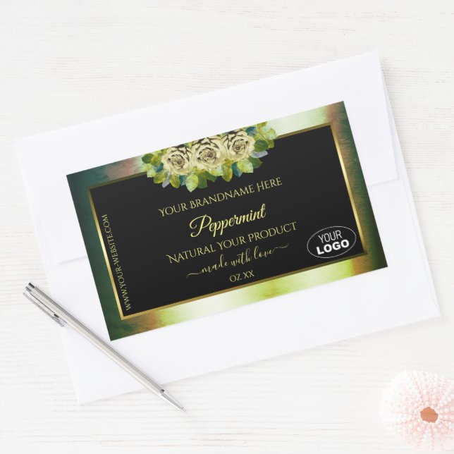 Marbre vert Turquoise Floral Noir Logo Étiquette (Enveloppe)