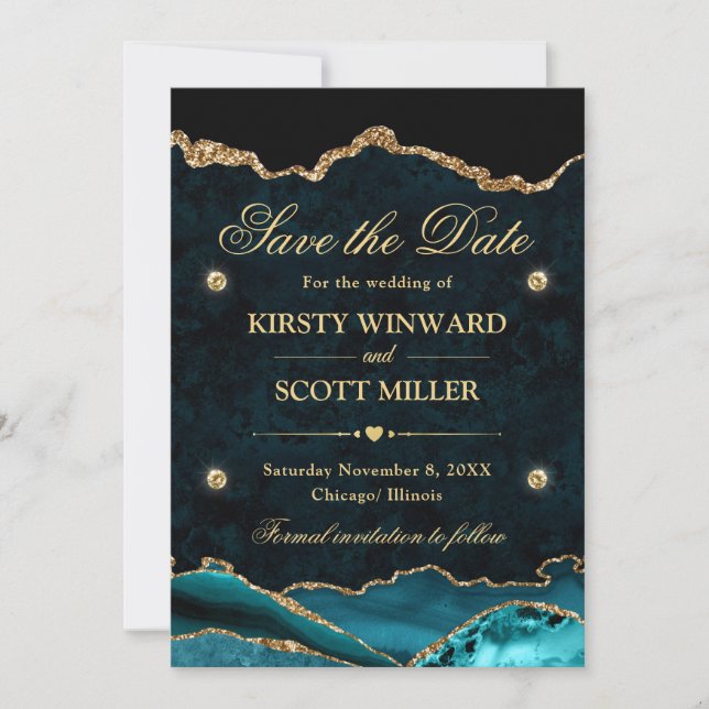 Marburg Agate für aquamarine und Gold-Glitzer Save Save The Date (Vorderseite)