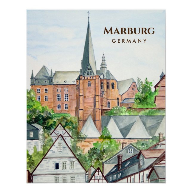 Marburg Altstadt Deutschland Stadtbild Malerei Poster (Vorderseite)