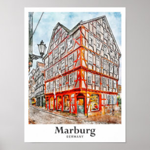 Marburg Deutschland Travel Watercolor Sketch Poster