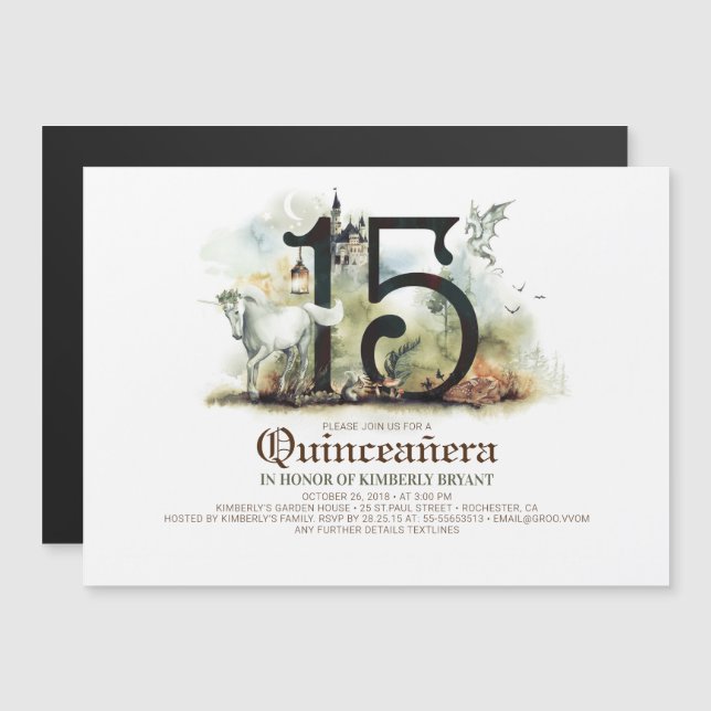 Märchen 15. Geburtstag Quinceanera Magneteinladung (Vorne/Hinten)