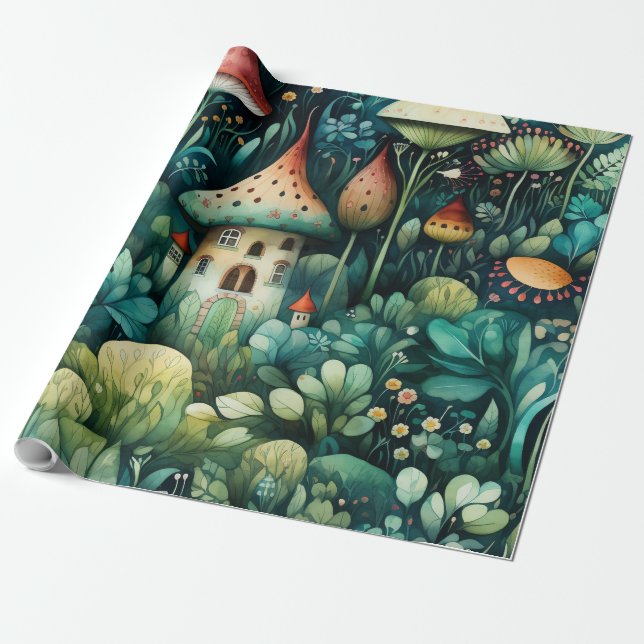 Märchen in Fairyland Mushroom House Green Orange Geschenkpapier (Ungerollt)