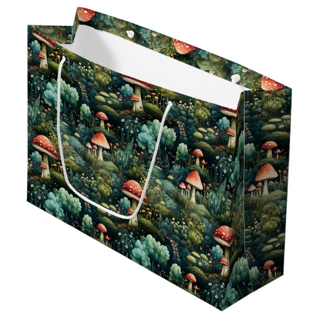 Märchen in Fairyland Mushroom House Green Orange Große Geschenktüte (Vorderseite Schrägansicht)
