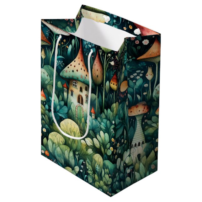 Märchen in Fairyland Mushroom House Green Orange Mittlere Geschenktüte (Vorderseite Schrägansicht)