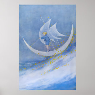 Märchen-Mond-Druck Whimsical Junge auf Halbmond Poster