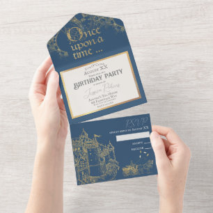 Märchen-Themen-Schloss-Kutsche Gold & Navyblau All In One Einladung