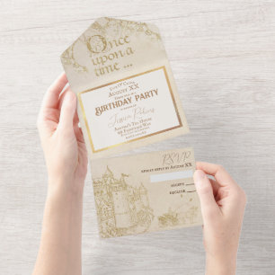 Märchen-Themen-Schloss-Kutsche Gold Vintage All In One Einladung