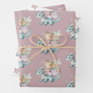 Märchen Traumhafter Drache Rosa Prinzessin Baby Sh Geschenkpapier Set