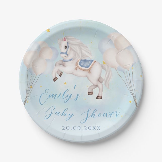 Märchenbaby Pony Blue Ballons Stars Dusche Pappteller (Vorderseite)
