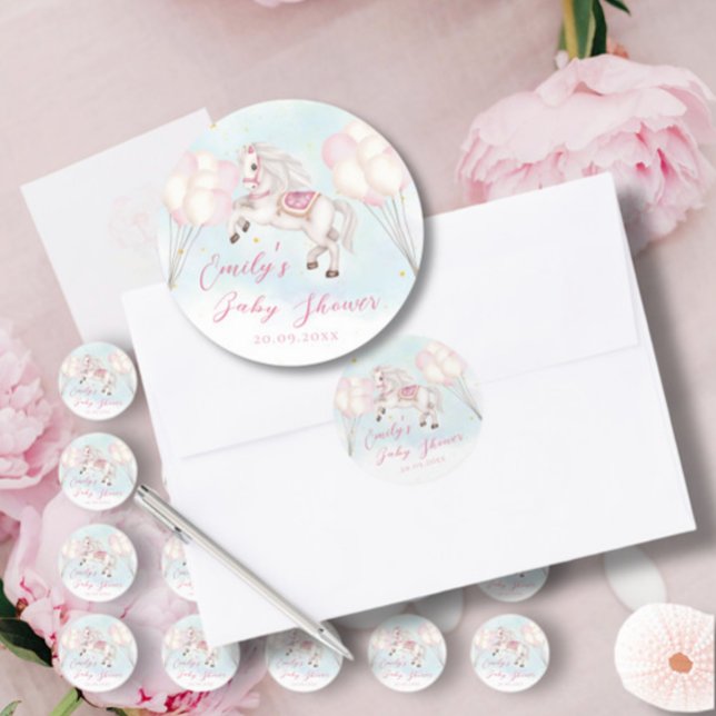 Märchenbaby Pony Rosa Ballons Stars Dusche Runder Aufkleber (Von Creator hochgeladen)