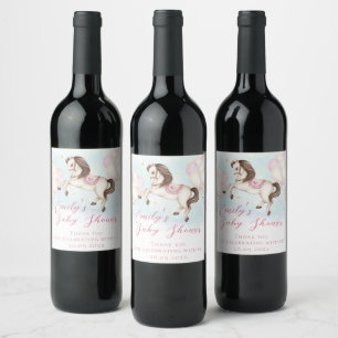 Märchenbaby Pony Rosa Ballons Stars Dusche Weinetikett