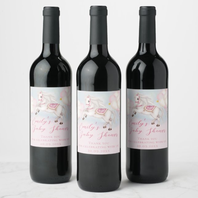 Märchenbaby Pony Rosa Ballons Stars Dusche Win Weinetikett (Flaschen)